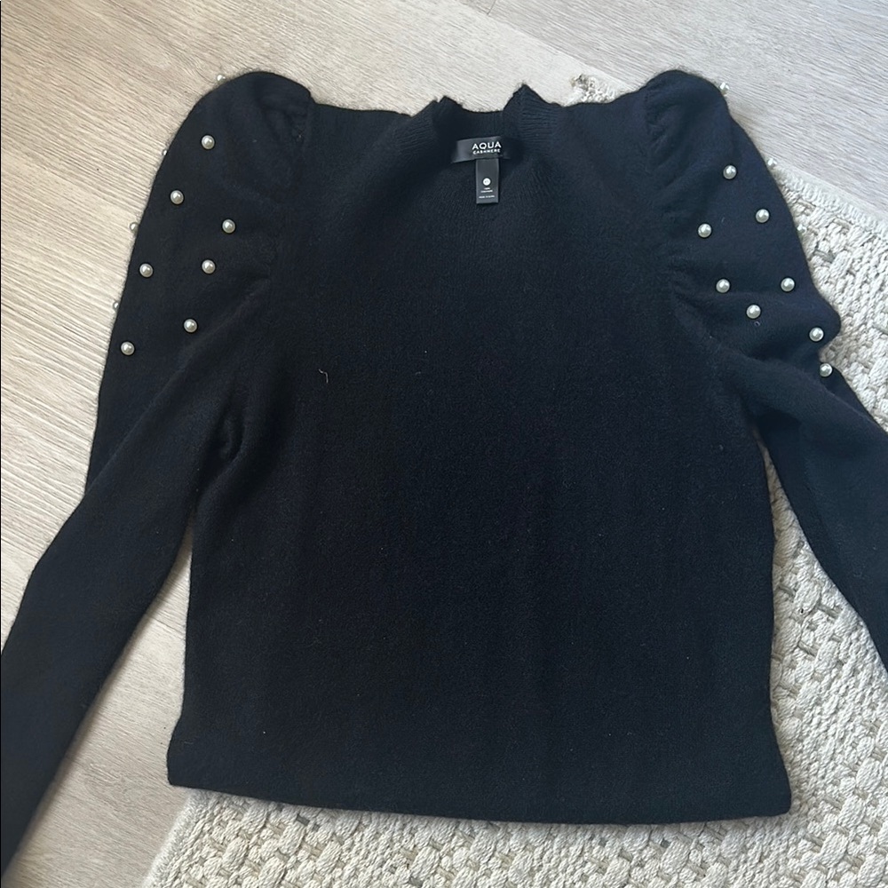 Aqua Black cashmere Sweater with  Pearl Accents